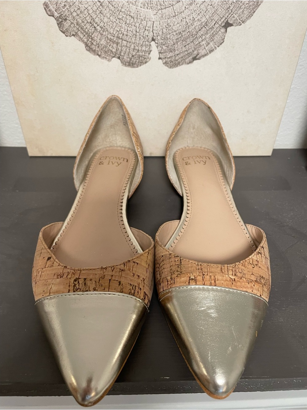 crown & ivy Metallic Gold Pointed Cork D'Orsay Flats